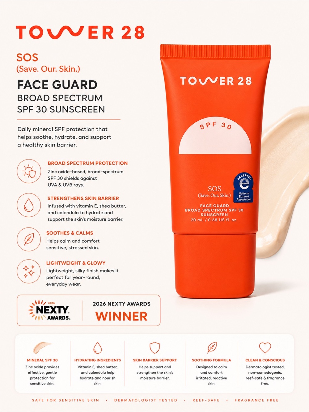Tower 28 SOS Face Guard SPF 30 Mini   Sunscreen EXP: 08/2027. 20ml